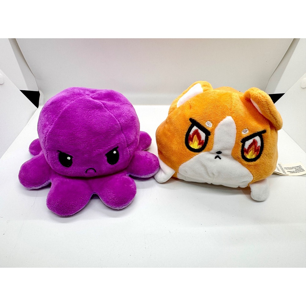 TeeTurtle Reversible Mood‎ Plushie Set Octopus Corgi Dog Purple Orange 4 Inch